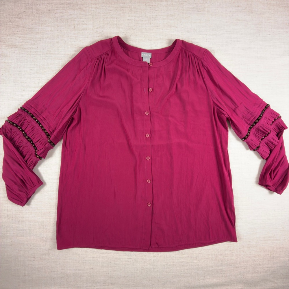 Chicos Magenta Ruffle Bead Sleeve Button Down Blouse Top Size 2 US 12 Pink